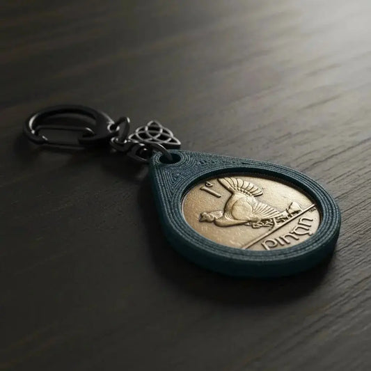Irish penny keyring with a hen design and a Celtic knot charm on a dark wooden table