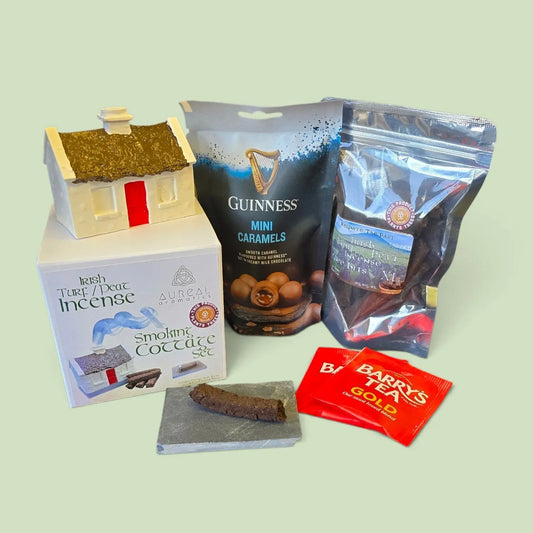 Cottage burner and Smoking Cottage Set box with Guinness Mini Caramels, Wee Bits bag and Barry's Tea Gold