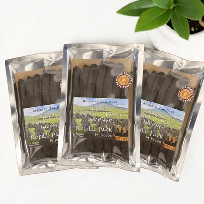 Three Irish Turf Peat Incense Refill Packs in silver foil bags