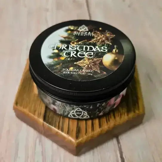 Christmas Tree soy wax candle tin on a hexagon wooden stand