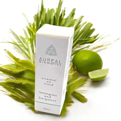 Aureal lemongrass and bergamot essential oil blend 10ml box with grass and limes