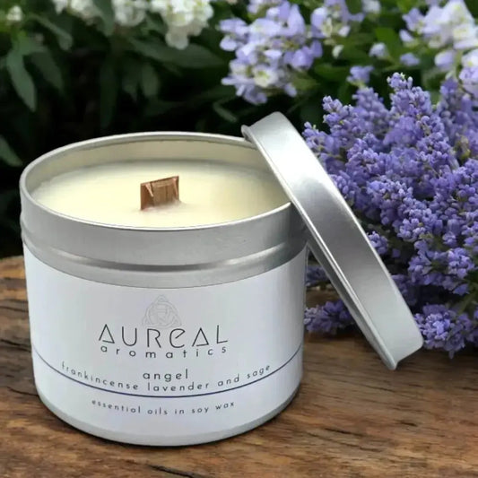 Aureal Angel frankincense, lavender and sage tin candle with a wooden wick