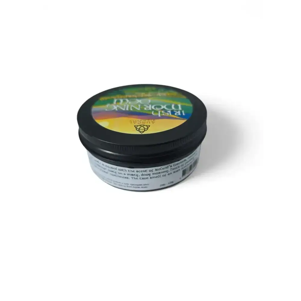 Irish Morning Dew candle tin turned to show the printed label on the side
