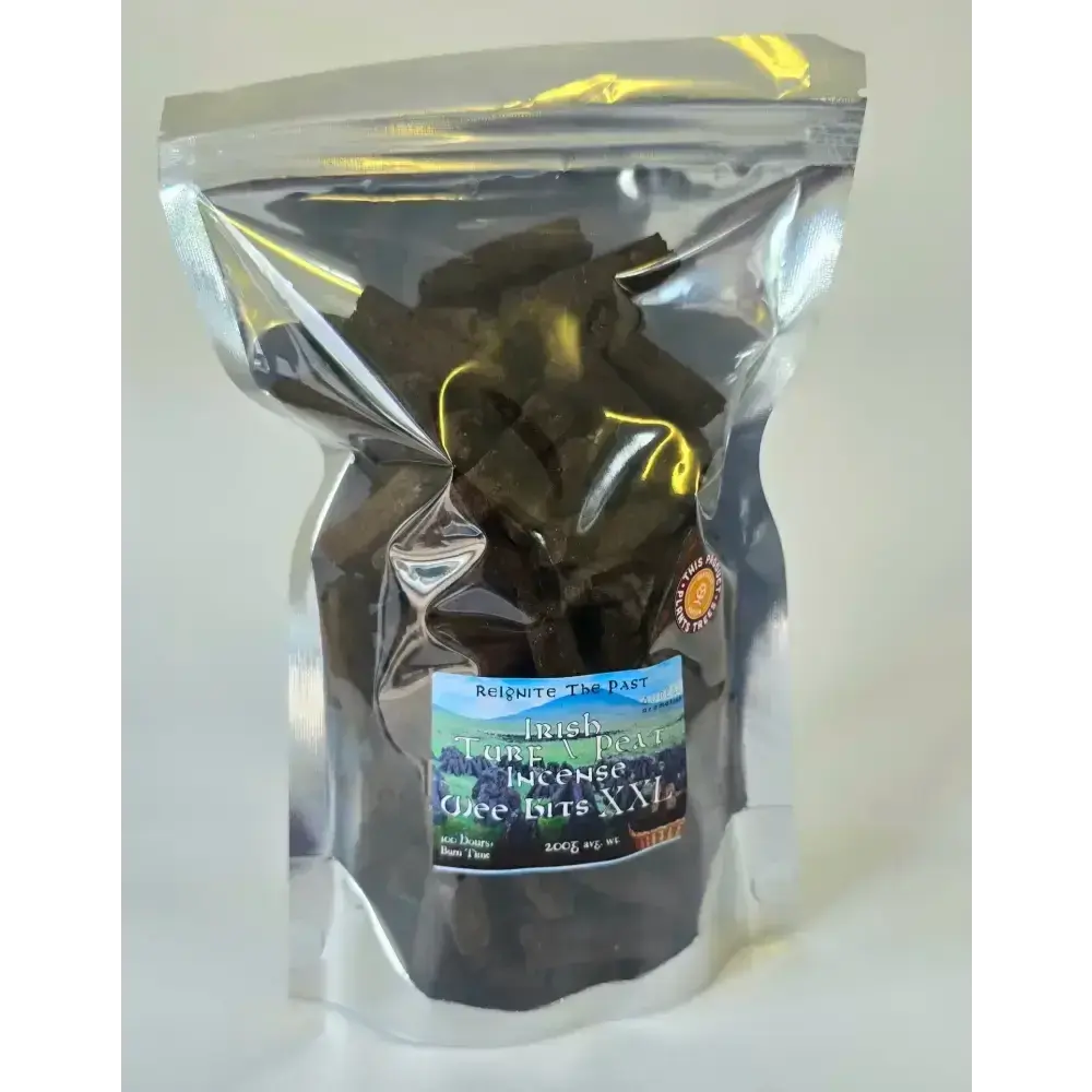 Irish Turf Peat Incense Wee Bits in a silver resealable bag with a printed label