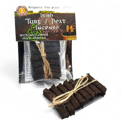 Irish Turf Peat Incense pack with reclaimed slate burner and turf sods tied with twine