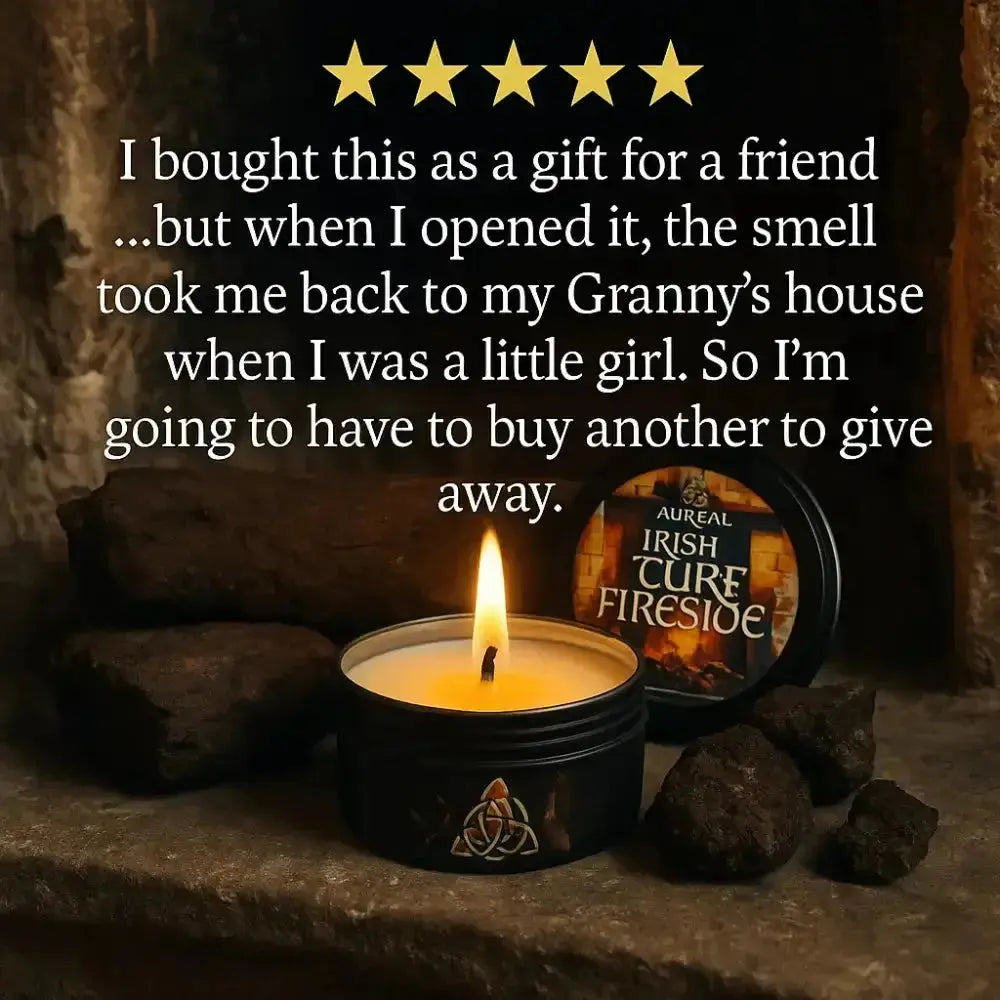 Lit Irish Turf Fireside tin candle by turf, under a five star customer quote about Granny's house