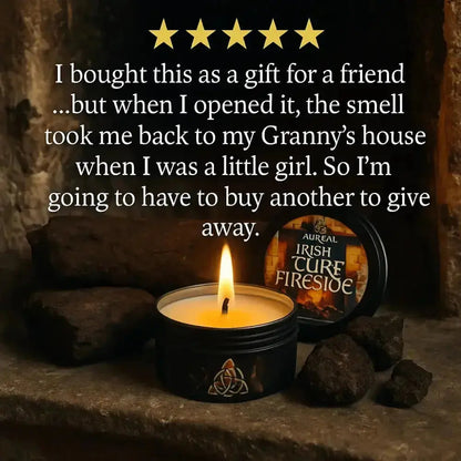 Lit Irish Turf Fireside tin candle by turf, under a five star customer quote about Granny's house