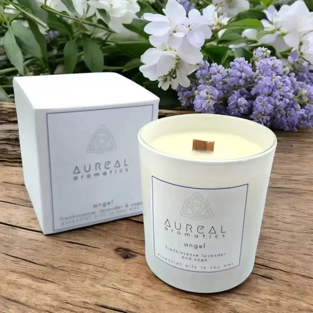 Aureal Angel frankincense, lavender and sage candle in a white glass with its box