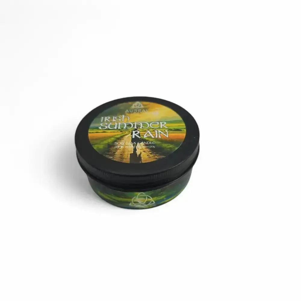 Irish Summer Rain soy wax candle in a black tin