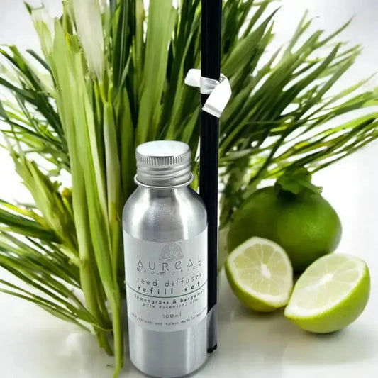 Aureal lemongrass and bergamot reed diffuser refill bottle with grass and limes