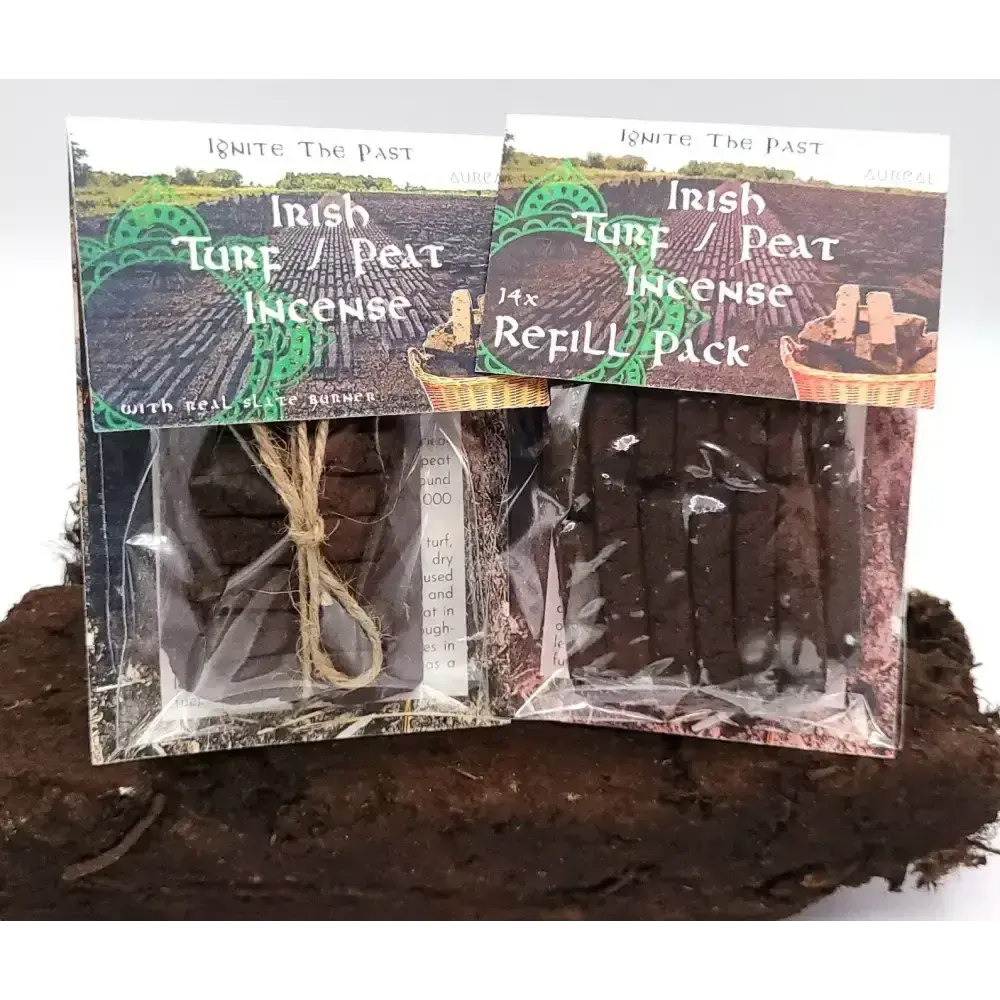 Irish Turf Peat Incense pack with slate burner and a 14x Refill Pack on a block of turf