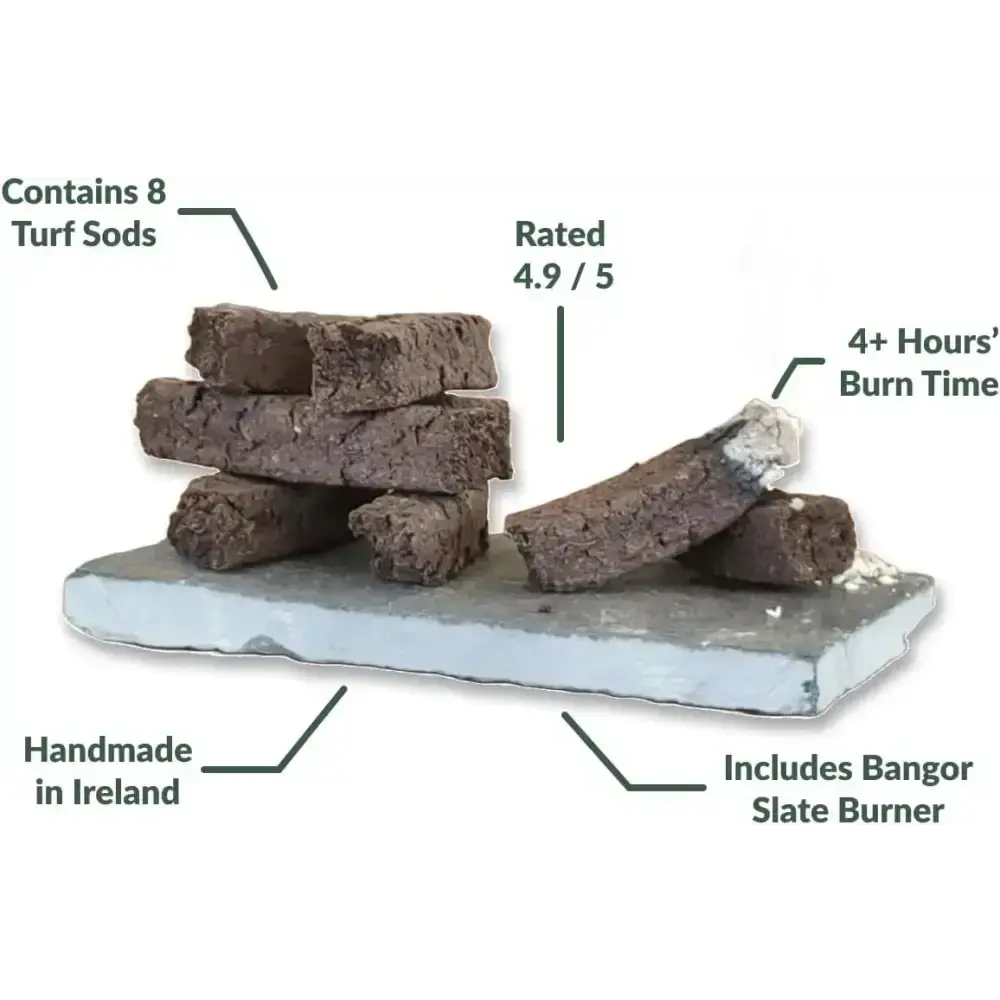 Turf sods stacked on a slate burner, with printed labels about sod count, rating and burn time